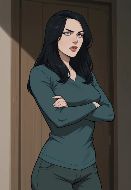 masterpiece, best quality, detailed, realistic, cowboy shot, serious, parted lips, 1girl, solo, invbeckd, black hair, long hair, thick lips, blue eyes, breasts, shirt, long sleeves, pants, crossed arms,