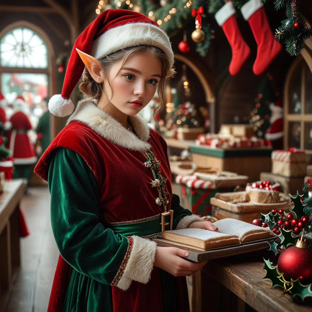 score_6_up,score_5_up,score_4_up,
<lora:Wolvies_Christmas_Elf_v241212.1449:1>, xmas_elf, female elf, old, Christmas, holiday, complex background, cleaning the reindeer stalls, in Santa's workshop, North Pole, concentration, frowning, anime, highly detailed, in focus, excellent quality, high resolution, Christmas background, Christmas decorations, cozy, masterpiece, best quality, very aesthetic, (open eyes:1.3), (accurate eyes:1.2), (detailed and precise face:1.2), life-like, depth of field, detailed textures, bright colors, natural light, ultra HD, fine details, soft background blur,