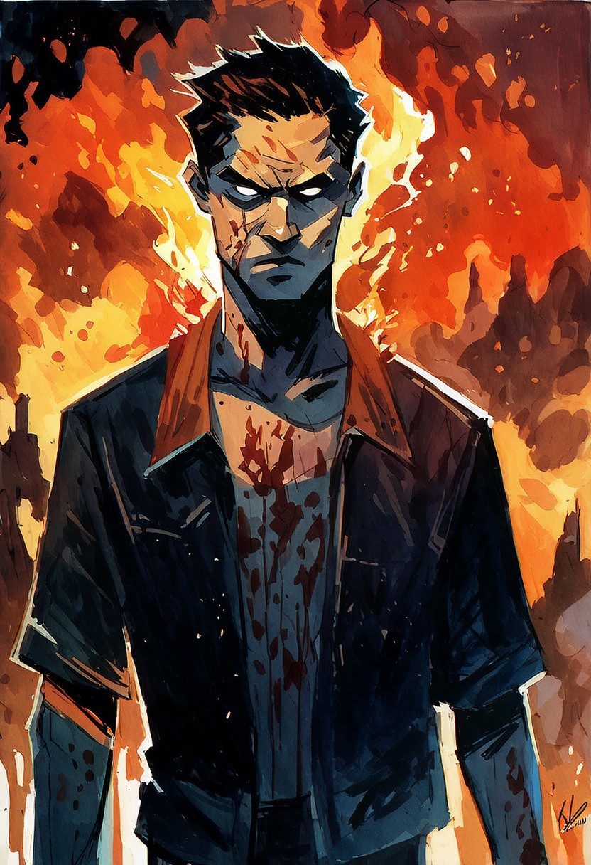 score_9, score_8_up, score_7_up, score_6_up, 1boy, watercolor painting, cowboy shot, US Marine, kevlar vest, blood
serious look on face, eye contact, 
expressive,
outside, night, glowing background
black linework, burning ruins