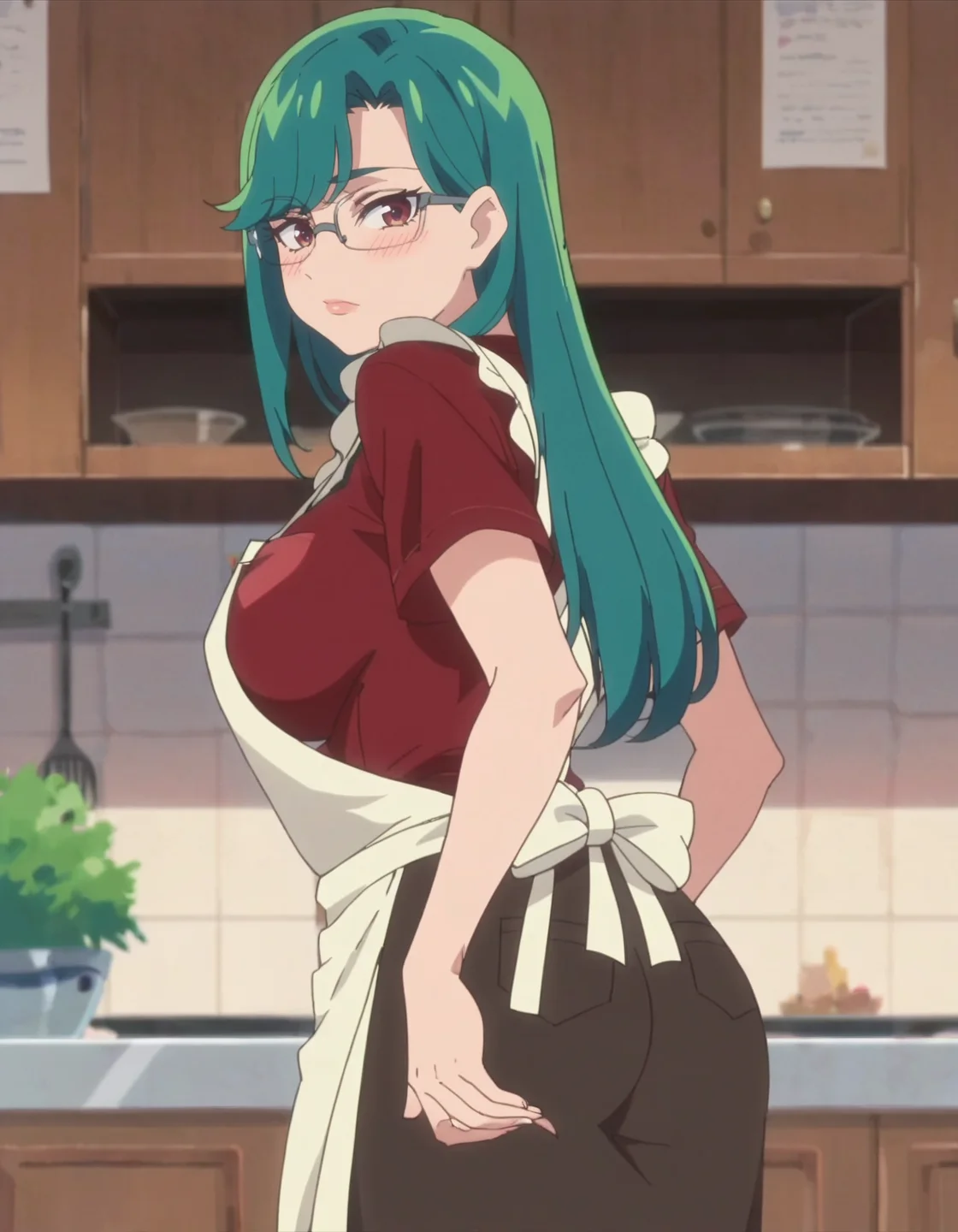 score_9, score_8_up, score_7_up, anime screencap, solo,1girl,   green hair,glasses,red shirt,apron,  long hair, looking at viewer, large breasts,cowboy shot,blush,from behind, ass,looking at viewer,bangs<lora:Secretoru:0.8>