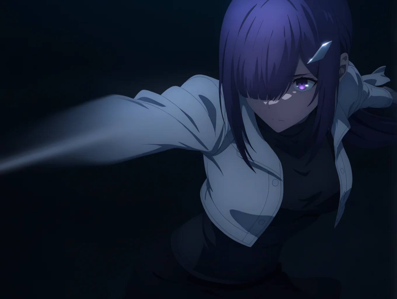 1girl, solo, upper body,
style-ufotable, chiaroscuro, high contrast,
flying ,in air, night ,close-up, leaning forward ,fighting stance,
metal string, reaching, foreshortening,
dark purple hair, purple eyes, hair over one eye, long bangs, low ponytail, hair white bow,hairclip,
long sidelocks,
medium breasts,
cropped jacket, white jacket, black shirt, sleveless shirt, black miniskirt,
speed line, motion blur,
,masterpiece, best quality, newest, absurdres, highres,
<lora:style_ufotable_v1:1>