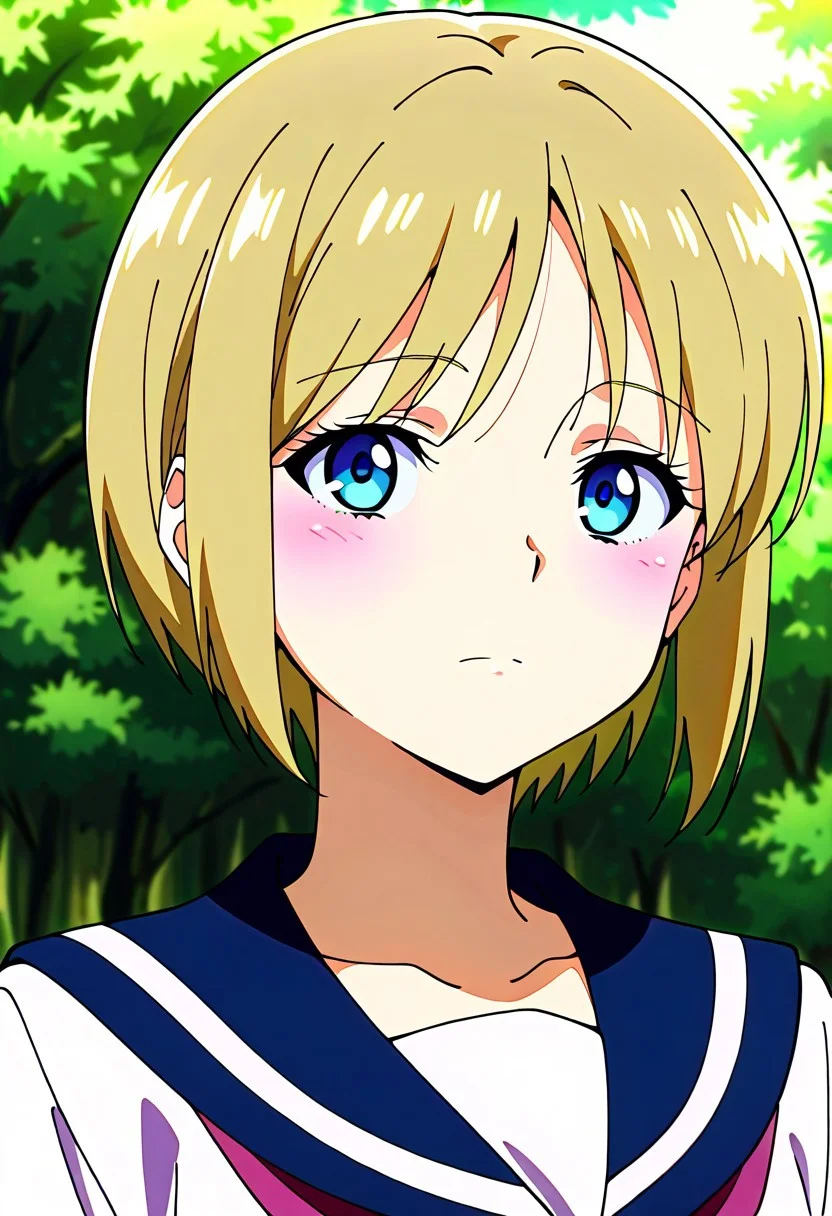 source_anime, masterpiece, best quality, amazing quality, very aesthetic, absurdres, IllustriousQual, anime coloring, traditional media <lora:Sherry_Birkin_RE2_Classic_Illustrious:1>sherry-birkin, 1girl, solo, short hair, sailor collar, blonde hair, blue eyes, serafuku