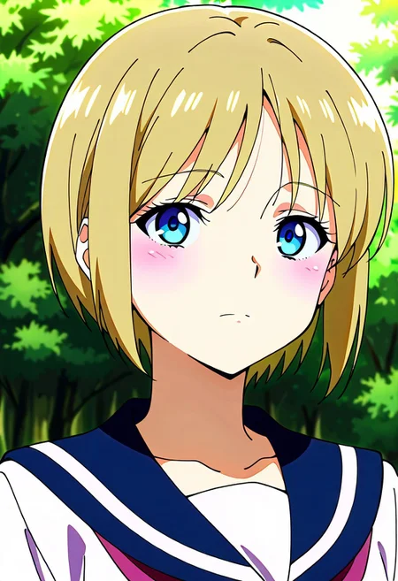 source_anime, masterpiece, best quality, amazing quality, very aesthetic, absurdres, IllustriousQual, anime coloring, traditional media <lora:Sherry_Birkin_RE2_Classic_Illustrious:1>sherry-birkin, 1girl, solo, short hair, sailor collar, blonde hair, blue eyes, serafuku