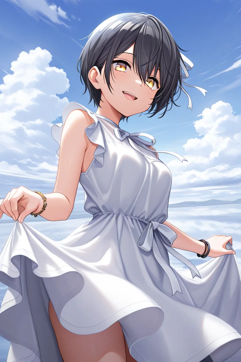 masterpiece, best quality, amazing quality,
<lora:Aoi_IL:1> aoi, 1girl, dress, solo, short hair, white dress, sky, bracelet, jewelry, looking at viewer, sleeveless dress, black hair, smile, sleeveless, outdoors, open mouth, cloud, skirt hold, bangs, ribbon, hair between eyes, yellow eyes