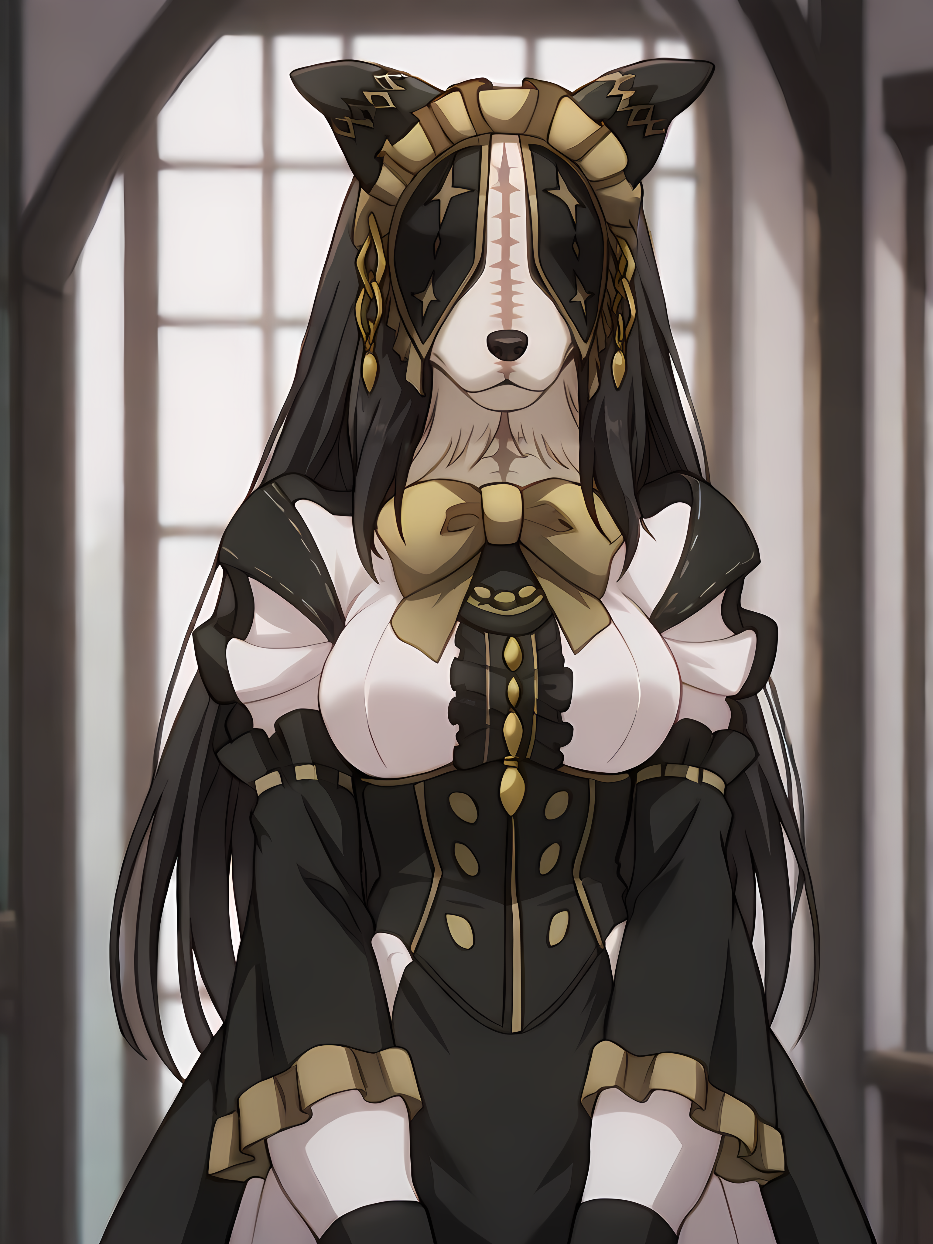 masterpiece, best quality, high quality, cinematic shadow, character focus, cowboy shot, medium breasts,   <lora:DetailedEyes_V3:1> , <lora:StS_PonyXL_Detail_Slider_v1.4_iteration_3:4>,  <lora:Pestonya:1>,pestonya, black long hair, dog girl, dog ears, stitches, no humans, furry,pestonyadress, maid, maid headdress, veil, covered eyes, star (symbol),yellow bowtie,frilled wide long sleeves, jewelry,frills,center frills,black and white furr