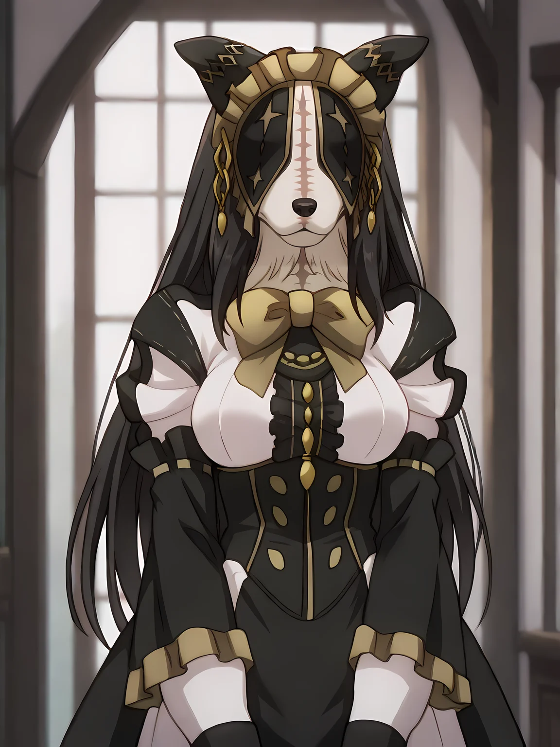 masterpiece, best quality, high quality, cinematic shadow, character focus, cowboy shot, medium breasts, <lora:DetailedEyes_V3:1> , <lora:StS_PonyXL_Detail_Slider_v1.4_iteration_3:4>, <lora:Pestonya:1>,pestonya, black long hair, dog girl, dog ears, stitches, no humans, furry,pestonyadress, maid, maid headdress, veil, covered eyes, star (symbol),yellow bowtie,frilled wide long sleeves, jewelry,frills,center frills,black and white furr