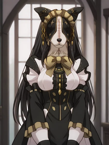 masterpiece, best quality, high quality, cinematic shadow, character focus, cowboy shot, medium breasts, <lora:DetailedEyes_V3:1> , <lora:StS_PonyXL_Detail_Slider_v1.4_iteration_3:4>, <lora:Pestonya:1>,pestonya, black long hair, dog girl, dog ears, stitches, no humans, furry,pestonyadress, maid, maid headdress, veil, covered eyes, star (symbol),yellow bowtie,frilled wide long sleeves, jewelry,frills,center frills,black and white furr