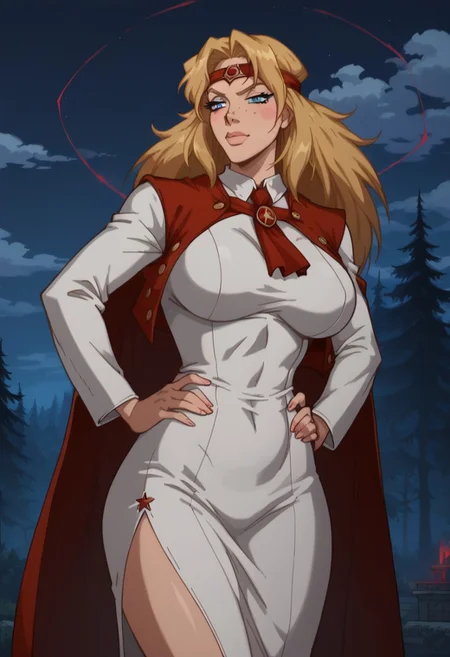 score_9, score_8_up, score_7_up, uncensored, highest quality, masterpiece, intricate details, highly detailed, dynamic shot, hellsing_ultimate_style, 1girl, solo, AlyonushkaF, mature female, blue eyes, blonde hair, freckles, big round ass, wide hips and thighs, slavic, white dress with red ornate frills, boobs peek, power pose, dominant woman, hands on hips.
Night, forest, clouds. Expressiveh.