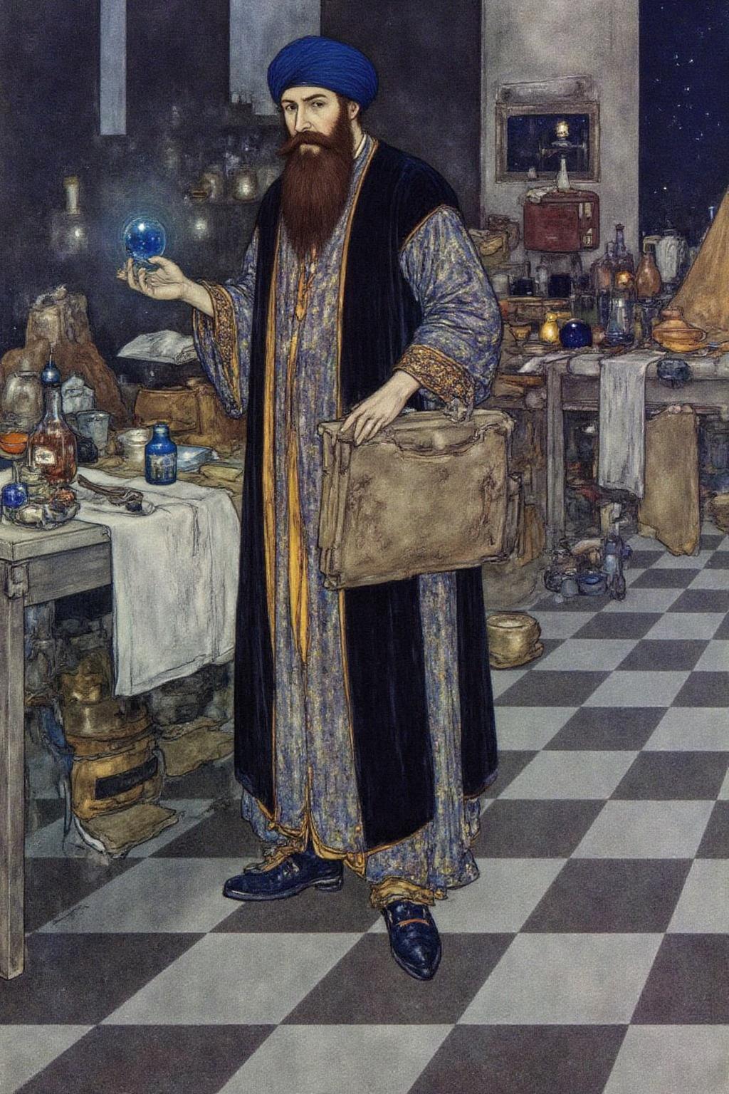 dulac1 illustration. 
An alchemist in a medieval-style laboratory. The alchemist, a man with a long, bushy beard and a turban, is dressed in a flowing, ornate robe with intricate, dark patterns, suggesting a mystical or scholarly attire. He holds a small, delicate, glowing blue orb in his right hand.
 <lora:dulac2_cap_d6a3e15:1.0><lora:816511560001428601:0>