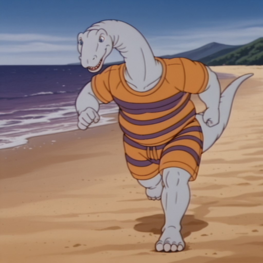 masterpiece, best quality, amazing quality, BrontoDsil, anthro, male, brontosaurus, light blue skin, blue eyes, long neck, orange shirt, purple stripes, short sleeves, orange shorts, purple stripes, on a beach, solo, 1boy, full body,