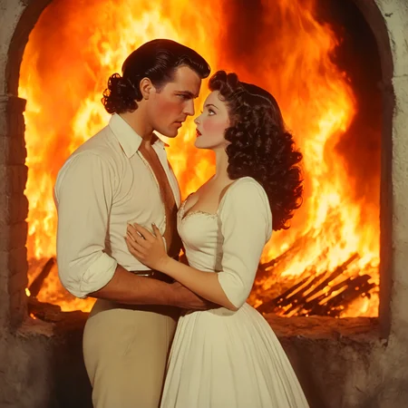 <lora:30sTechnicolorMovieV2SDXL:1> ArsMovieStill, movie still from a 1930s technicolor movie, The image shows a man and woman standing next to each other in front of a raging fire with a wall in the background. The man is wearing a white shirt and the woman is wearing an unknown outfit., 1girl, 1boy, hetero, long hair, curly hair, brown hair, dress, hair ornament, black hair, couple