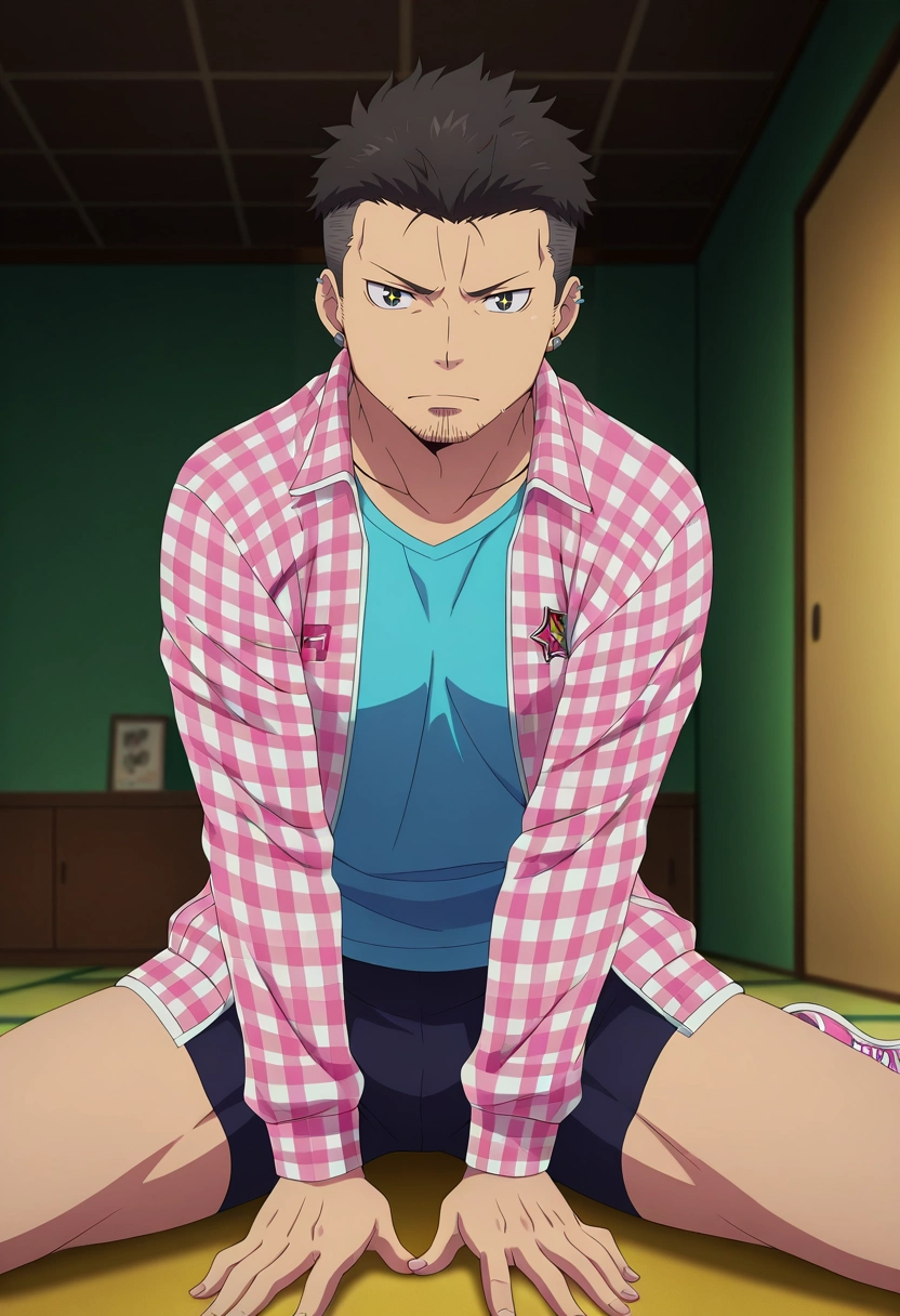 masterpiece, best quality, , anime screencap, anime coloring, , looking at viewer, , 1boy, solo, male focus, <lora:ryuuji_suguro_ilxl:0.92>, ryuuji_suguro, black hair, black eyes, short hair, undercut, facial hair, stubble, , cowboy shot, treetops city, indoors, dark, yoga, sparkling eyes, Straight-leg chinos, HotPink Twill Gingham Harrington jacket, High-top sneakers, ,