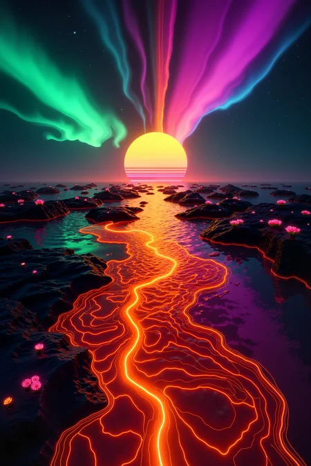 high detail, masterpiece, high resolution, sharp, hyperrealism, raw photo, high angle, dynamic perspective, abstract, geometric,weird,surreal,elemental,primal,nature,A vast ocean stretches to the horizon, but instead of water, it’s a sea of undulating, liquid fire, glowing in shades of deep red, orange, and gold. Despite its fiery appearance, the air around it is cool and carries the faint scent of ash. Above, the sky is dominated by a brilliant aurora borealis, its ribbons of green, blue, and purple light weaving slowly across the heavens. Floating islands of jagged black rock hover above the ocean, their surfaces covered with glowing moss and bioluminescent flowers that cast soft, multicolored glows into the surreal, fiery seascape below. ,ck-nw, in the style of ck-nw<lora:ck-Neon-Retrowave>