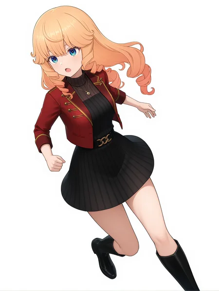 masterpiece,best quality,newest,
1girl,solo,
<lora:Nicole_Francisca_ilxl_v1.0:1>,nicole_f,blonde hair,grey gradient hair,blue eyes,
u.r.k,necklace,red jacket,black dress,turtleneck,black skirt,black footwear,
<lora:Fixhands_anime_bdsqlsz_V1:1>,open mouth,white_background,simple_background,running,embarrass,dynamic_angle,cinematic_angle,dutch angle,looking ahead,
