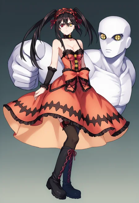 score_9, score_8_up, score_7_up, source_anime,
BREAK
<lora:shiKurumiV2:1> kurdef, long hair, black hair, twintails, red eyes, yellow eyes, clock eyes, heterochromia, hairband, bare shoulders, detached sleeves, choker, red dress, cleavage, bow, black thighhighs, lace-up boots,
looking at viewer,
BREAK
<lora:shiJojoStandV2:1.1>, shijojostand, stand \(jojo\), 1other,
makeup, multiple boys, muscular male,