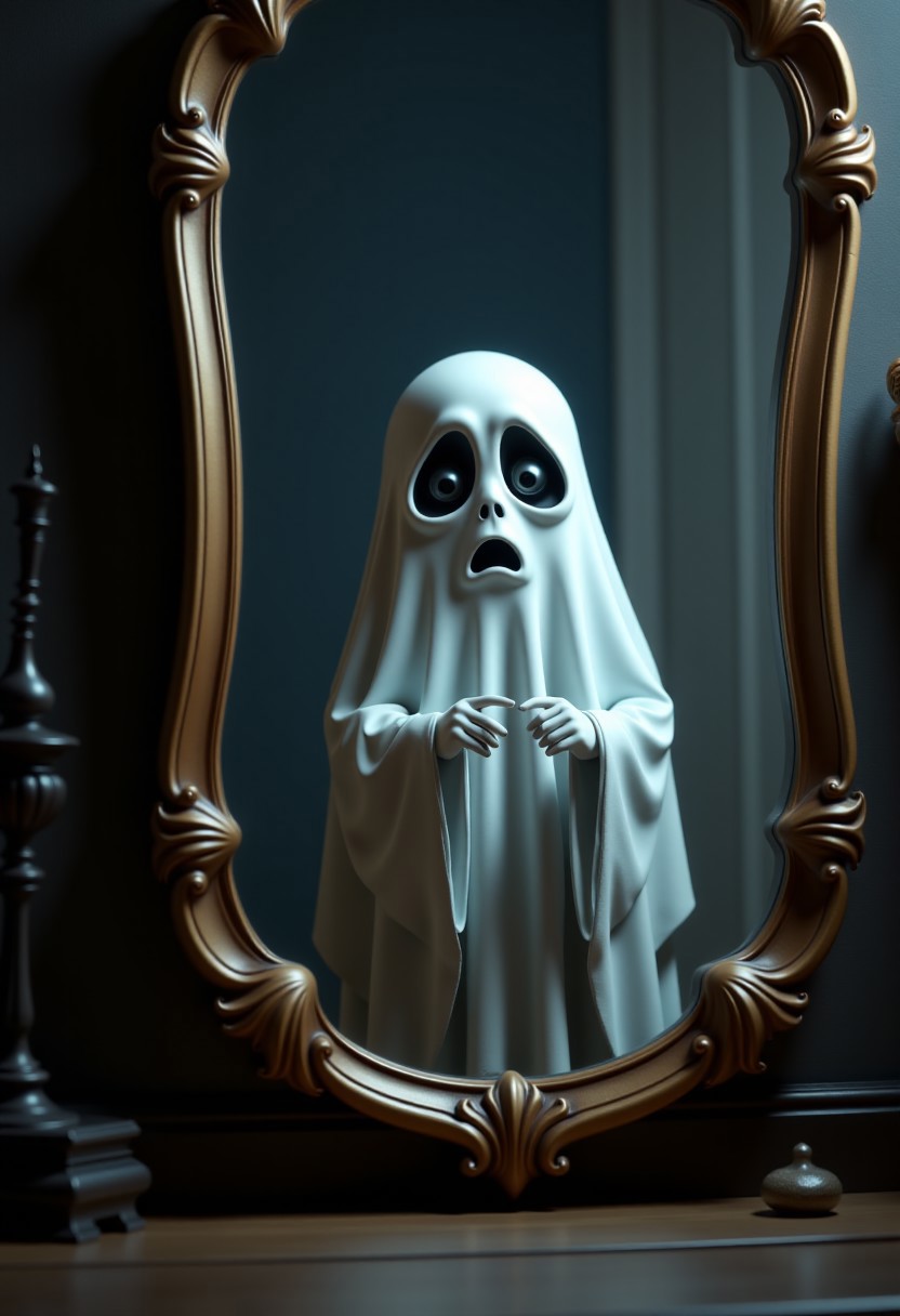 aidmaimageupgrader, a high quality digital image of an intricately detailed cute little ghost giving himself a fright by looking in a mirror