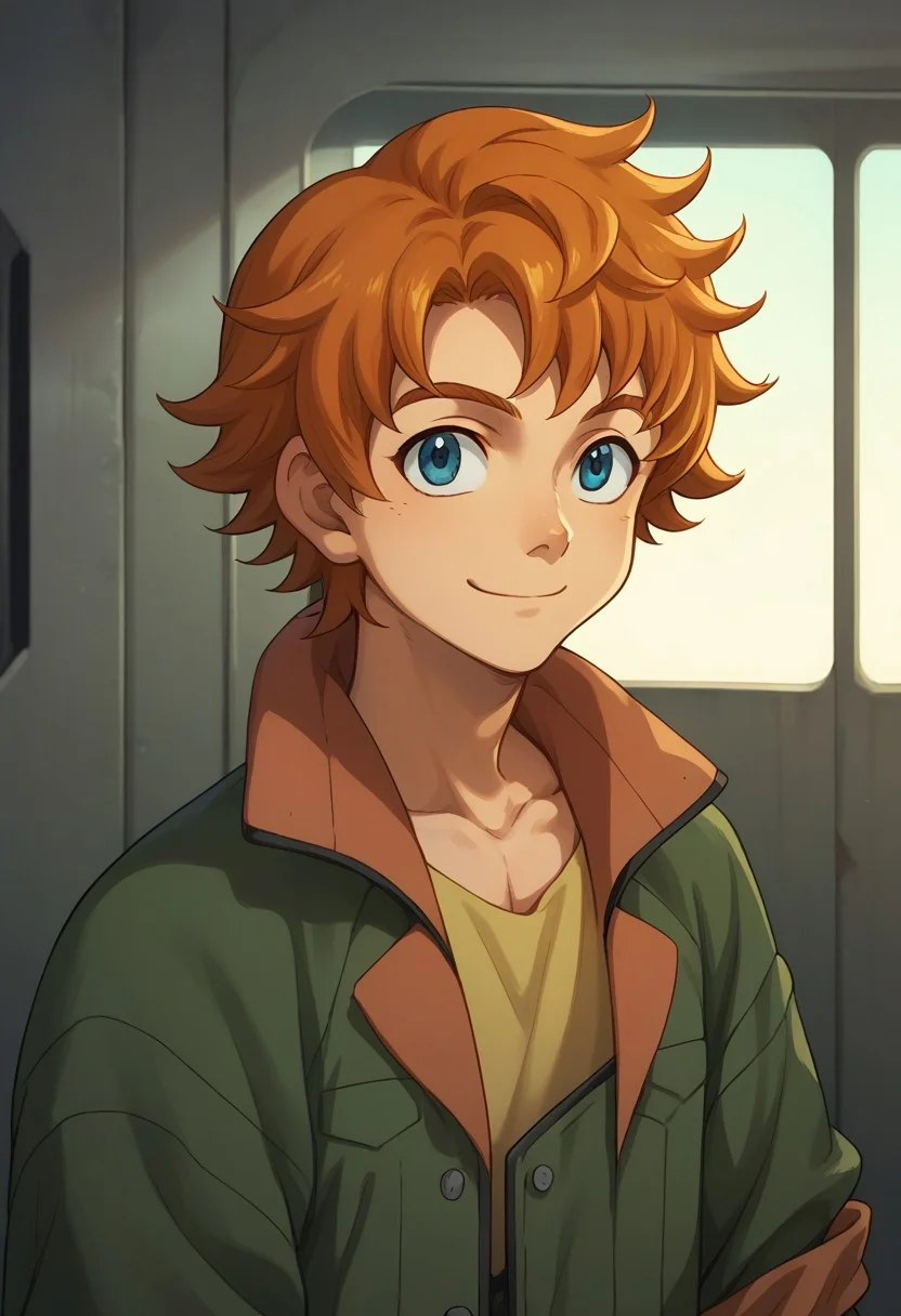 score_9, score_8_up, score_7_up, source_anime, highly detailed,
ridemass, 1boy, male focus, solo, smile, blue eyes, upper body, orange hair, jacket, green jacket, rolled up sleeves,
indoor, hangar,