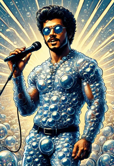 full body portrait of man wearing dress, strapless dress made of bubbles, made_of_bubbles, flowing dress train of bubbles, large natural bubble mounds, large bubbles, bubbles, high heels, pearlescent sheen, iridescent sheen, popstar, PG, high quality, highly detailed, digital illustration, pop style, mobe-90c0m, pulp style, digital painting, bold line work, dramatic contrast, holding microphone, male model, Hawaiian model, twink, Black Twink, tan shoulders, detailed face, long straight black hair, dark eyeliner, open mouth, spotlight, dynamic pose, confident, rock concert, singing, stage background,