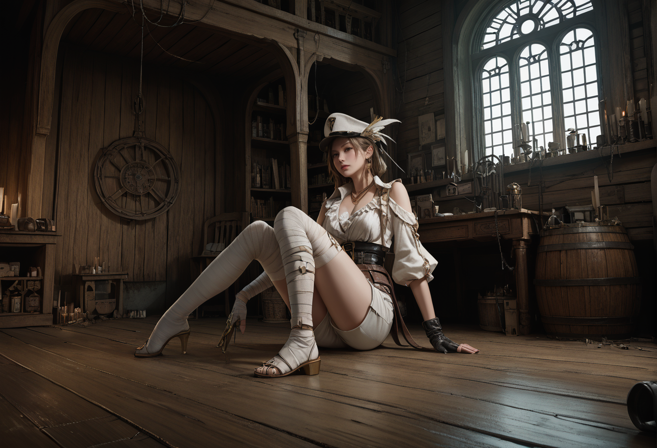 ,ruanyi1288,indoors,
,ruanyi1135,asymmetrical clothes,belt,bandages,frills,gold necklace,hat feather,single glove,white shorts,thighhighs,jewelry,single gauntlet,
on floor,knees together feet apart,<lora:1288 Inside the ruined ship_v1_pony:1>,<lora:1135 Gunslingirl_v1_pony:0.7>, score_9,score_8_up,score_7_up,,8k,1girl,solo,,