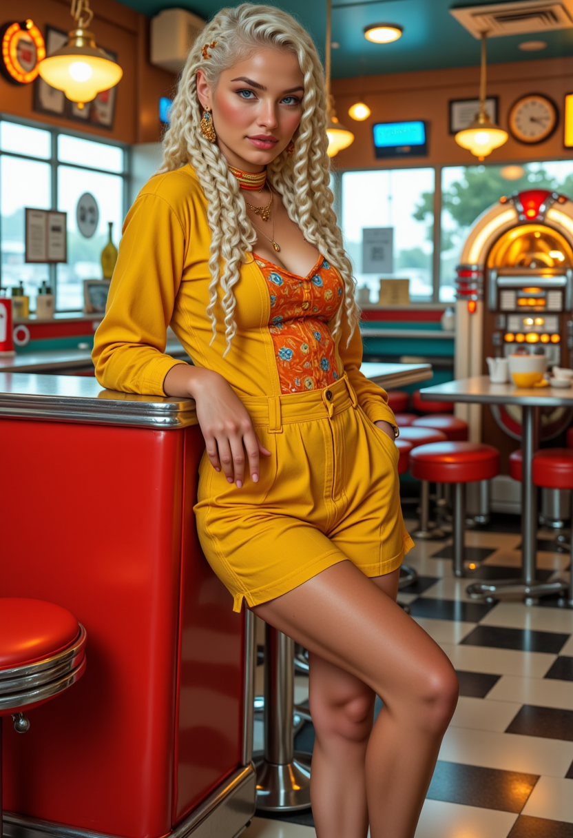  smiling, she is approximately 18 years old,full body view, dynamic angles, multiple angles, photoshoot poses; Krist@n, a woman with blonde braids, wearing a gold necklace, and a yellow and orange dress. white sneakers,  is painted in a realistic style, she is in a 1950s retro diner, she is leaning up against the side of a vintage jukebox, she is posing for the camera with a smile on her face.  The painting captures her smiling expression and the details of her outfit. which adds to the focus on the girl's face and her outfit. The overall composition is a beautifully rendered portrait of a young girl. 32k UHD, expressive eyes, punk, graphic design, girl's face, pretty and cute, gleaming lips, telling a tale of adventure. Exuding confidence and serenity. The overall mood of the image is happy and relaxed,detailed skin texture,(blush:0.2),(goosebumps:0.3),subsurface scattering,with a playful and whimsical tone, Detailed hand, perfect hands, Niji style, retro50s_style, 