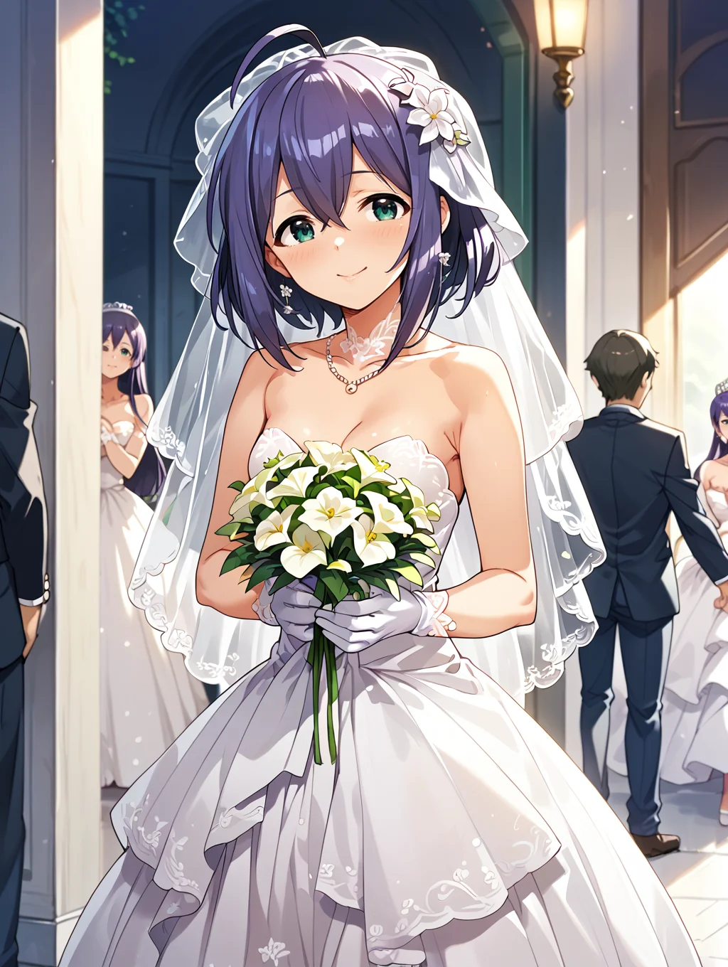 score_9,score_8_up,score_7_up,
official art,official style,game cg,megami magazine,
uncensored,
1girl,solo,
mochizuki anna,purple hair,green eyes,ahoge,
wedding dress,wedding band,white dress,white gloves,
<lora:idolmaster_mochizuki_anna_pony_v1:1>,
