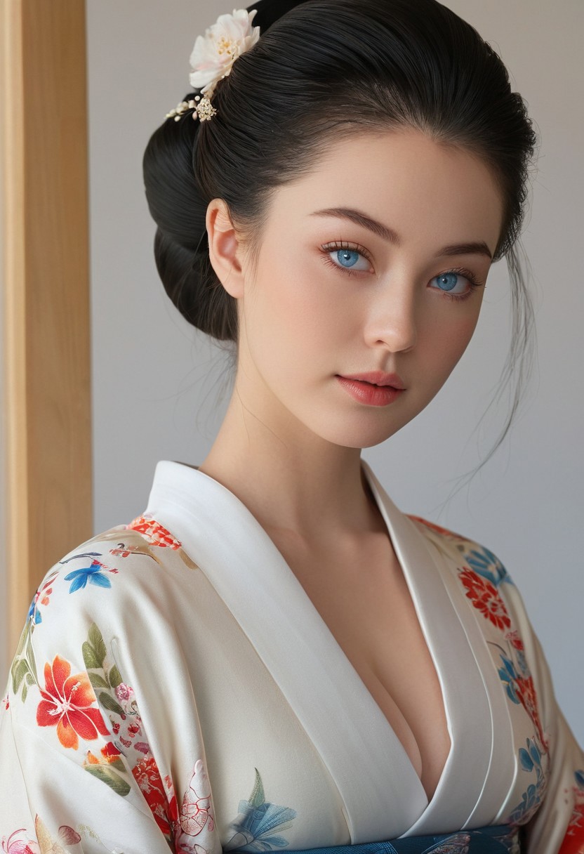 embedding:urn:air:sd1:embedding:civitai:222256@250708,  score_9, score_8_up, score_7_up, rating_explicit, MythAn1m3, 4k, masterpiece, highly detailed, 18yo, girl, Blue eyes. small perfecteyes , no makeup. Clear skin.  realistic skin style, Long dark black slick back hair. No makeup. Cheerful morning , bright sun light. fancy hair style, decorated hair style, sexy, extremely beautiful, stunning beauty, striking beauty, beautiful face, Japanese girl, perfect anatomy, (aristocracy, geisha, beautiful kimono),(cleavage:1.5, huge breasts), bursting breasts, smooth skin, seductive, tea house, Slight smile, tilting head. Tilt head. Looking at viewer. (full shot:1.5).