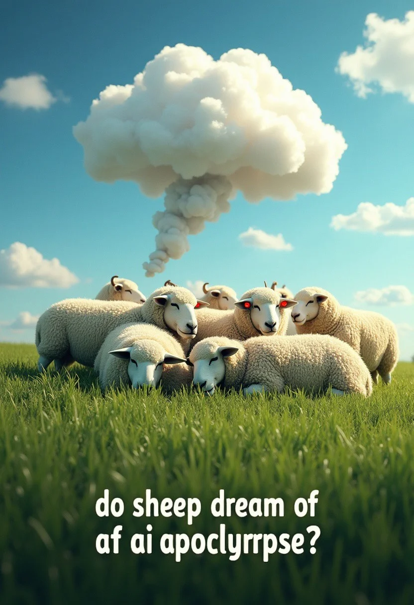 poster with a green grass and blue sky. Herd of sheep on it are sleeping. Cloud bubble coming out of their heads with terminators with red eyes looking at them. Text on bottom of the poster "do sheep dream of ai apocalypse?"