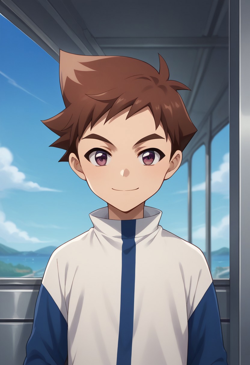 score_9, score_8_up, score_7_up, source_anime, highly detailed,
hayato, 1boy, solo, brown hair, male focus,  smile, upper body, looking at viewer, standing, brown eyes, spiked hair, shirt, long sleeves, blue sleeves, stripe, blue stripe, purple eyes,
outdoor, sky, train, shinkansen