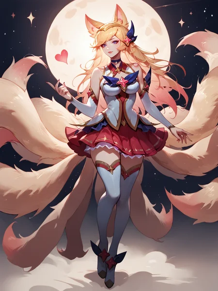 score_9, score_8_up, score_7_up, BREAK, AhriStarGuardian, blonde hair, blonde fox ears, black hairpin, white shirt, bare shoulders, white oversleeve, white red skirt, white stockings, shoes, fox tails, starry sky, dark theme, concept art, ExpressiveH,<lora:AhriStarGuardian:1> <lora:Concept Art Twilight Style SDXL_LoRA_Pony Diffusion V6 XL:1> <lora:Expressive_H:1>