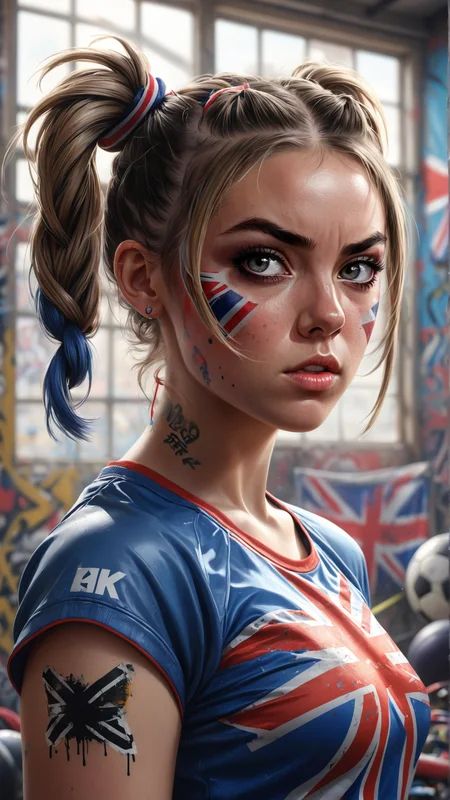 hyperrealistic portrait of a fierce young woman with pigtails, intense gaze, Union Jack top, detailed background with a chaotic room filled with sports equipment and graffiti, soft sunlight streaming through dusty windows, cinematic, 8k, ultra high detail, trending on artstation