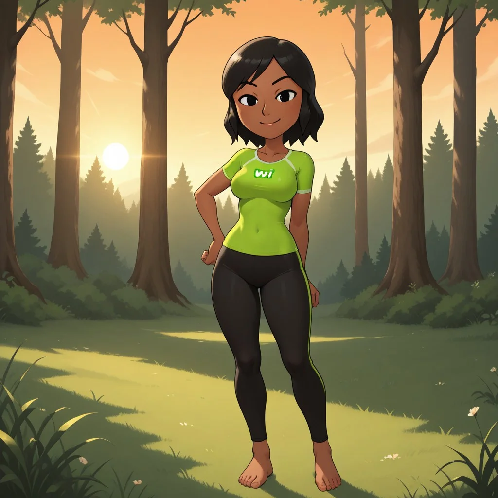 score_9, score_8, BREAK, solo, wii, mii, 1girl, female mii, wii sports, cute, adorable face, black hair, black eyes, black eyebrows, light green clothing, black pants, barefoot, dark skin, dark skin female, breasts, HaruWS, nintendo mii, modern_mii, classic_mii, tall, adult female, mature female, sexy pose, self portrait, smile, looking at viewer, outdoors, sunlight, shadows, evening lighting, natural lighting, forest, trees, grass, orange sky, sunset