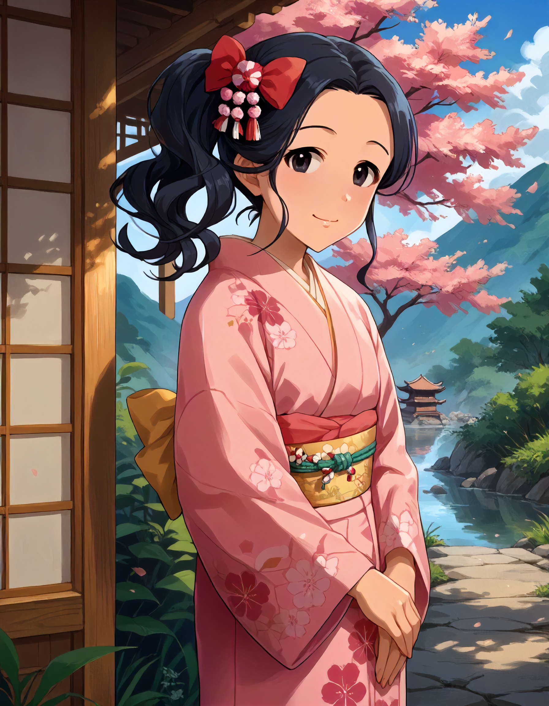 score_9,score_8_up,score_7_up,1girl,solo,standing,looking at viewer,smile,closed mouth,outdoors,
<lora:egamitsubaki_ponyXLV6:0.8>,cget,
black hair,side ponytail,forehead,black eyes,
japanese clothes,pink kimono