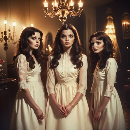 core_9, score_8_up, score_7_up, score_6_up, <lora:70s_Horror_MoviePony:1> ArsMovieStill, movie still from a 1970s horror movie, The image is a vintage photograph of three young women standing in a dimly lit room. The woman in the center is wearing a white dress with a high neckline and long sleeves. She has long dark hair and is looking directly at the camera with a serious expression. On the left is a young girl with long dark brown hair wearing a floral dress with white lace detailing. She is standing next to the woman on the right who is also wearing a long white dress.The background is blurred but it appears to be a room with a chandelier and other decorative items. The overall mood of the image is eerie and mysterious., multiple girls, dress, long hair, white dress, 3girls, black hair, realistic, brown hair, horror (theme), ghost