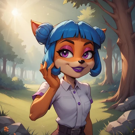 score_9, score_8, BREAK, megumi_bandicoot, bandicoot, blue hair, twin bun, purple eyes, lab assistant outfit, smiling, orange skin, dual-colored skin, black nose, eyelashes, purple lips, animal ears, blue bun tail, sexy pose, self portrait, smile, outdoors, sunlight, shadows, evening lighting, natural lighting, forest, trees, grass, orange sky, sunset