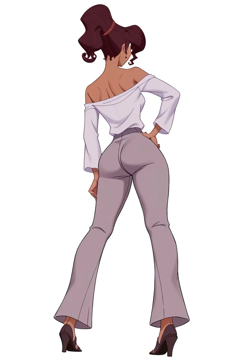 score_9, score_8_up, score_7_up, (low angle dutch angle full body pic:1.5), BREAK,
B0h0Fl4reL3ggings,Boho Flare Leggings, (1girl), solo, m_ra brown hair, purple eyes, simple background, shirt, long sleeves, white background, bare shoulders, standing, white shirt, ass, pants, dark skin, off shoulder, from behind, dark-skinned female, hand on hip, off-shoulder shirt