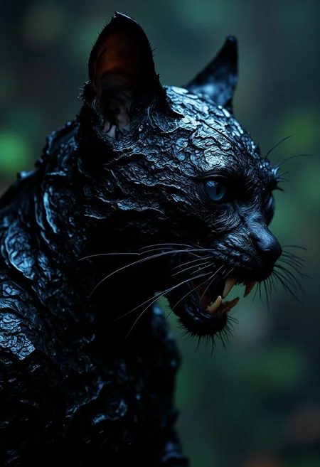 Off-center composition, right-aligned dynamic composition, an other wordly cat like monstrous creature, erotic female, black glossy fractal skin leather texture, deap sea, slimey, teeths, black eyes, cinematic film still  . shallow depth of field, vignette, highly detailed, high budget, bokeh, cinemascope, moody, epic, gorgeous, film grain, grainy