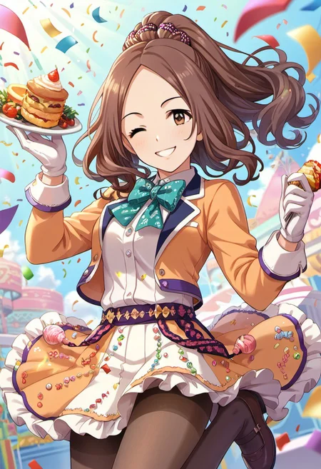 score_9, score_8_up, score_7_up, source_anime,sawada marina, brown hair, brown eyes, long hair, 1girl, one eye closed, pantyhose, gloves, solo, ponytail, food, confetti, skirt, smile