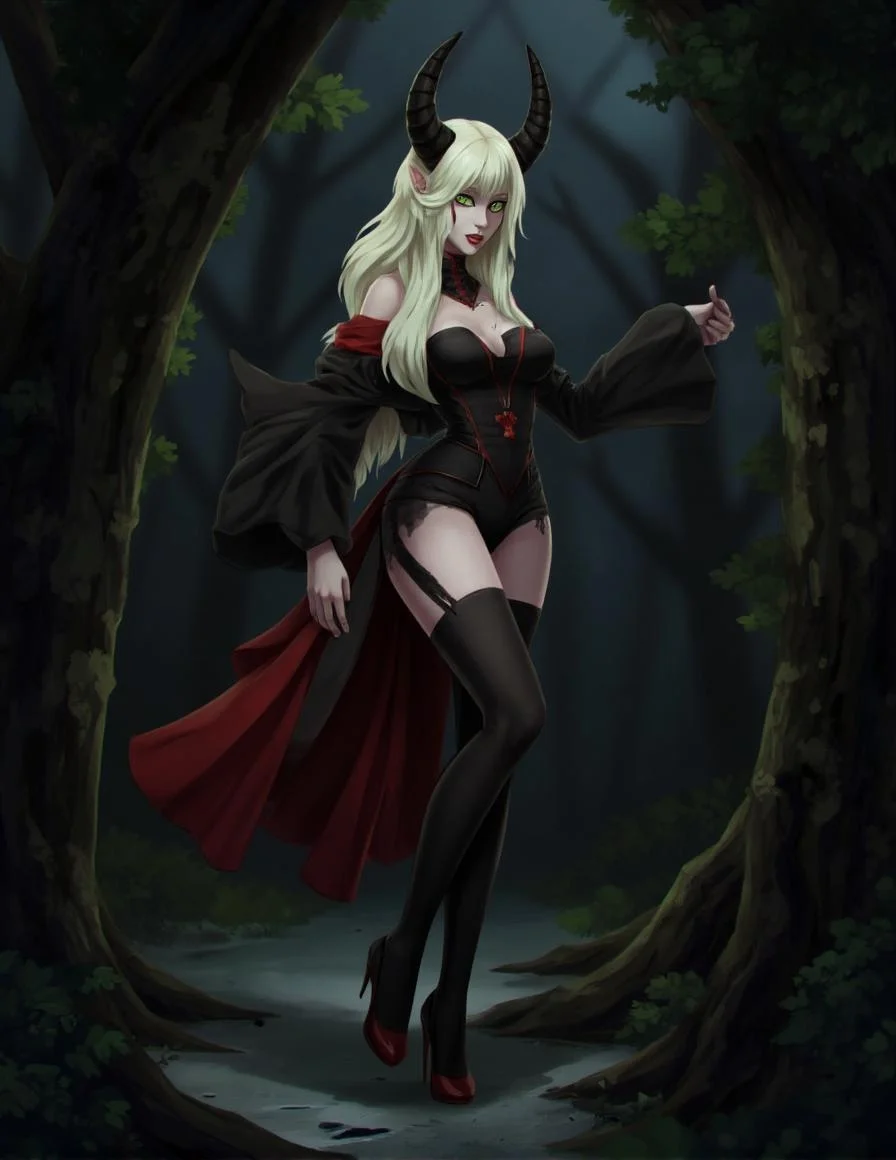 <lora:ck-LttleGhost-000011.safetensors:1> in the style of ck-lttlegh0stIn a dark forest glade, a seductive figure emerges from the shadows. Her platinum blonde hair cascades down her back as she reveals green eyes, black horns, and a fitted black dress with red accents. Thigh-high stockings and heels make her an apparition from a dark realm.