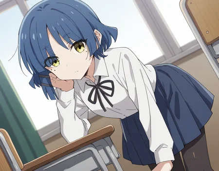 score_9, score_8_up, score_7_up, source_anime,
ryouyamada, <lora:ryou-yamada-s1-ponyxl-lora-nochekaiser:1>,
ryou yamada, blue hair, eyes visible through hair, mole, mole under eye, short hair, yellow eyes, hairclips,
black pantyhose, black ribbon, blue skirt, long sleeves, pantyhose, ribbon, school uniform, shimokitazawa high school uniform, shirt, skirt, white shirt,
indoors, classroom, bent over,
cowboy shot, solo, dutch angle, looking at viewer,