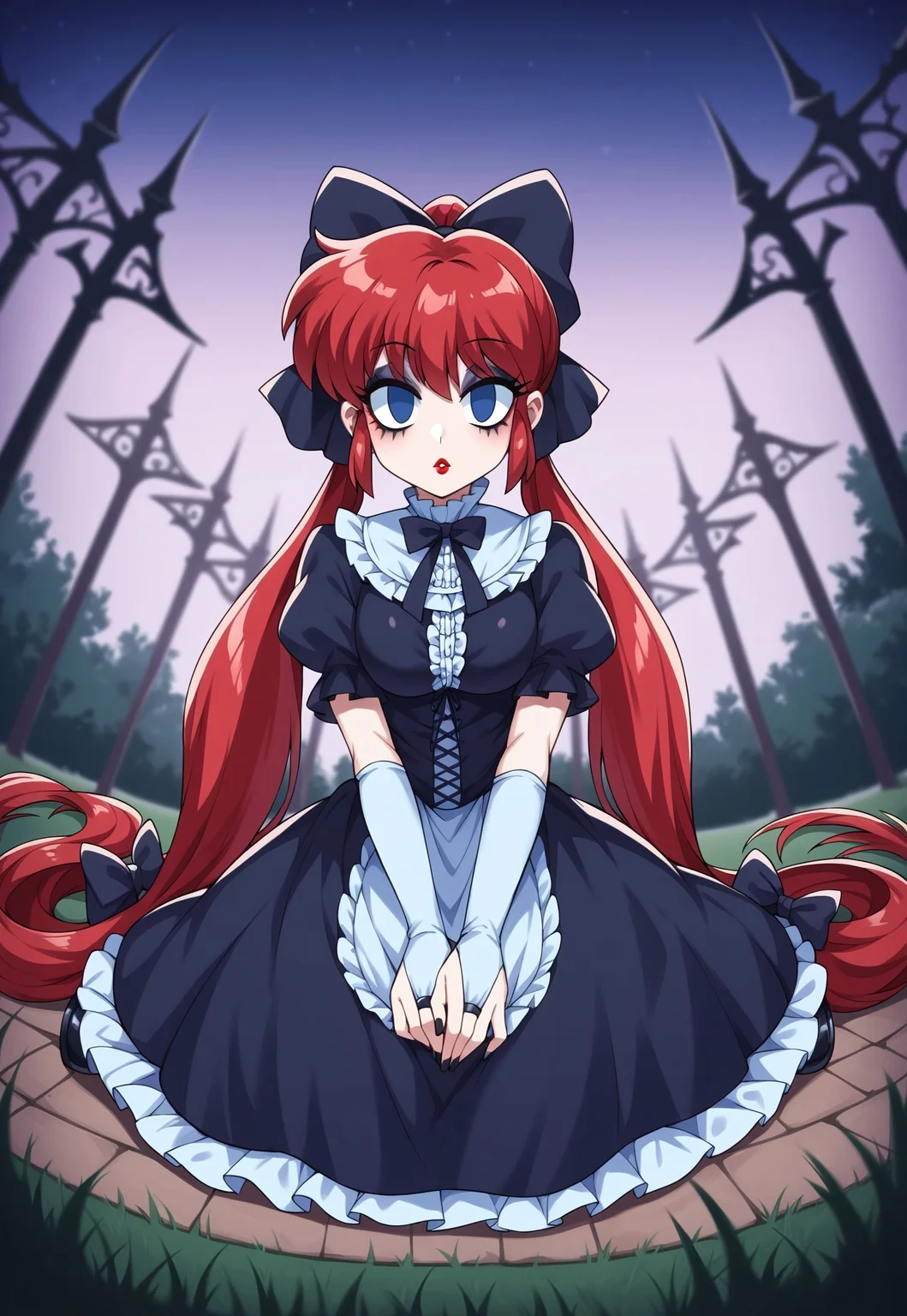 score_9, score_8_up, score_7_up, score_6_up, score_5_up, score_4_up, source_anime , 1girl, ranma-chan, ponytail, red hair, gothic hair, long twintails, gothic twintails, hair bows, multiple hair bows, very long hair, gradient hair, multicolored hair, black streaked hair, masterpiece, best quality, absurdres, 
(gothic theme, lolitafashion:1.2), gothic lolitafashion, gothiclolita, gothic lolitadress, victorian dress, gothic, dark, moody, puffy dress, petticoat, puffy sleeves, dark colors, frilled skirt, gothic thighhighs, gothic dress, elbow gloves, gothic headdress, many bows, multiple bows, frills, frilled fabric, center frills, gothic lolitashoes,
lipstick, long eyelashes, eyeshadow, eyeliner, mascara, blush, gothic makeup,  
outdoors, nature, park, night, dark environment, fog, 
solo, sitting, kneeling, on grass, full body, dynamic pose, dutch angle, looking at viewer, hands on lap, wide-eyed, parted lips, :o, expressionless, (no pupils), mind control,
intricate, highly detailed, majestic, shallow depth of field, movie still, circular polarizer