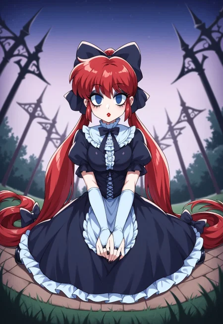 score_9, score_8_up, score_7_up, score_6_up, score_5_up, score_4_up, source_anime , 1girl, ranma-chan, ponytail, red hair, gothic hair, long twintails, gothic twintails, hair bows, multiple hair bows, very long hair, gradient hair, multicolored hair, black streaked hair, masterpiece, best quality, absurdres, 
(gothic theme, lolitafashion:1.2), gothic lolitafashion, gothiclolita, gothic lolitadress, victorian dress, gothic, dark, moody, puffy dress, petticoat, puffy sleeves, dark colors, frilled skirt, gothic thighhighs, gothic dress, elbow gloves, gothic headdress, many bows, multiple bows, frills, frilled fabric, center frills, gothic lolitashoes,
lipstick, long eyelashes, eyeshadow, eyeliner, mascara, blush, gothic makeup,  
outdoors, nature, park, night, dark environment, fog, 
solo, sitting, kneeling, on grass, full body, dynamic pose, dutch angle, looking at viewer, hands on lap, wide-eyed, parted lips, :o, expressionless, (no pupils), mind control,
intricate, highly detailed, majestic, shallow depth of field, movie still, circular polarizer