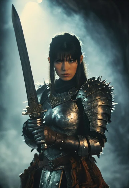 Monochrome, hkelf with 40kchainsword Closeup Portrait By resembling the style from david bowies labyrinth movie, Closeup Portrait By KentarM Miura, realistic, photorealistic, volumetric lighting, Busty Woman with silver reflecting 40kchainsword with large spikes, cleavage, outworn leather armor, used and old look, vintage, 
with high collar, illuminated from behind, a bold drawing image infront of a mystic colorful translucent abyss background, atmospheric haze, Film grain, cinematic film still, shallow depth of field, highly detailed, high budget, cinemascope, moody, epic, OverallDetail, 2000s vintage RAW photo, photorealistic, candid camera, color graded cinematic, eye catchlights, atmospheric lighting, imperfections, natural, shallow dof