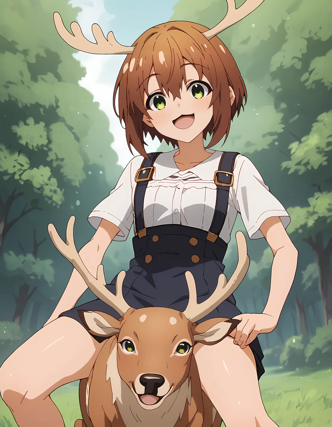 score_9, score_8_up, score_7_up, score_6_up, score_5_up, score_4_up, source_anime, <lora:Nokotan_T1V1:0.85>,
1girl, solo, anime screencap,
Nokotan_T1V1, brown hair, short hair, hair between eyes, green eyes, deer antlers,
deer, animal, riding animal, riding,
looking at viewer, :3, smile, open mouth,
outdoors,