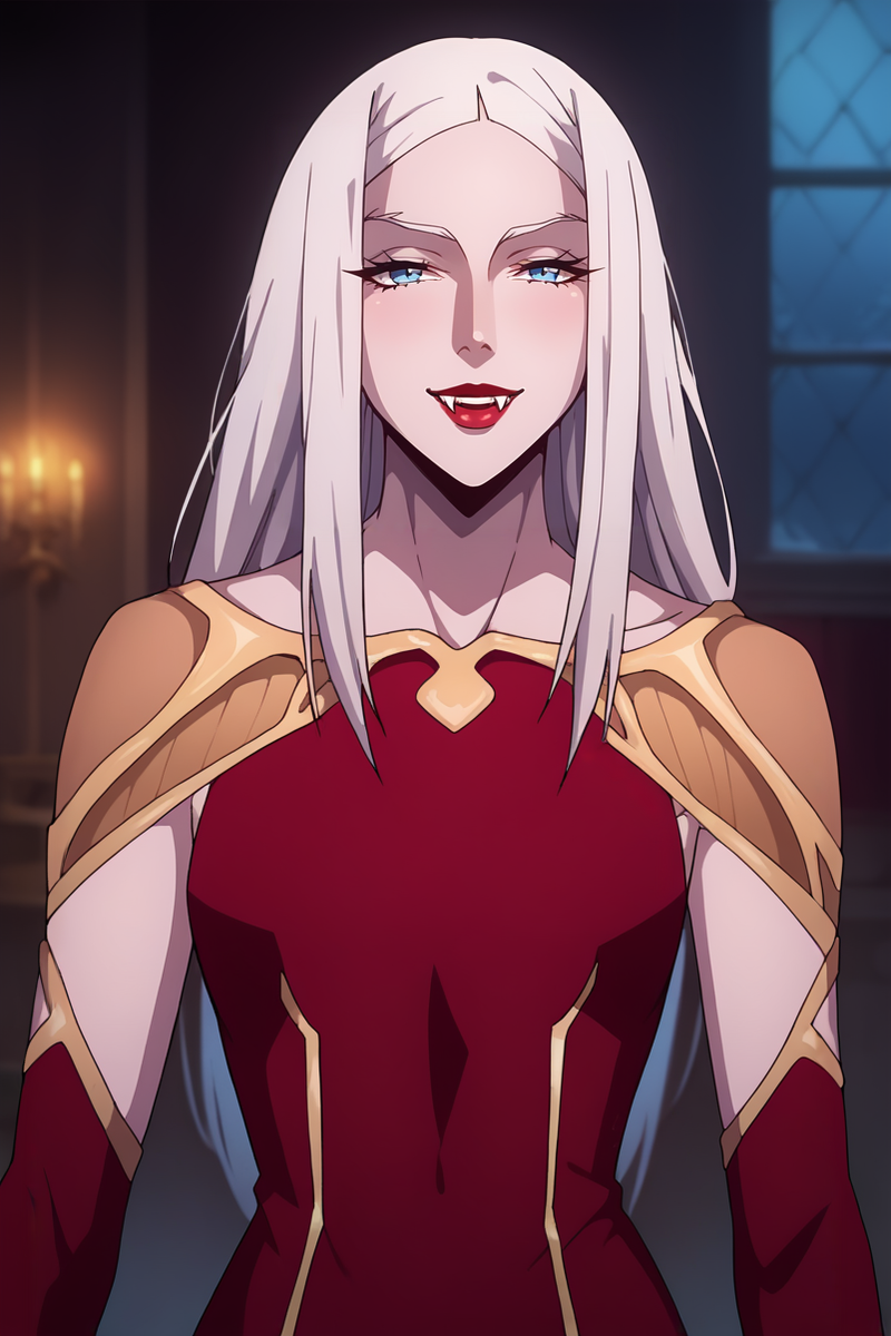 score_9, score_8_up, score_7_up, score_6_up, score_5_up, score_4_up, flat color, source_anime, anime coloring, 2d, BREAK. 
smile, looking at viewer, BREAK. 
ssn2, red dress, red sleeves, detached sleeves, shoulder armor, gold armor, epaulettes, 
<lora:Carmilla_v1:1>, 1girl, solo, pale skin, white skin, pointy ears, vampire, fangs, blue eyes, white hair, long hair, long fingernails, sharp fingernails, red nails