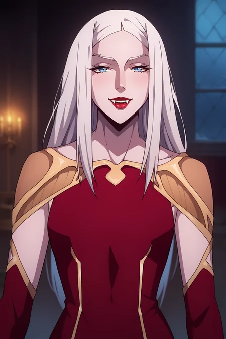 score_9, score_8_up, score_7_up, score_6_up, score_5_up, score_4_up, flat color, source_anime, anime coloring, 2d, BREAK.
smile, looking at viewer, BREAK.
ssn2, red dress, red sleeves, detached sleeves, shoulder armor, gold armor, epaulettes,
<lora:Carmilla_v1:1>, 1girl, solo, pale skin, white skin, pointy ears, vampire, fangs, blue eyes, white hair, long hair, long fingernails, sharp fingernails, red nails