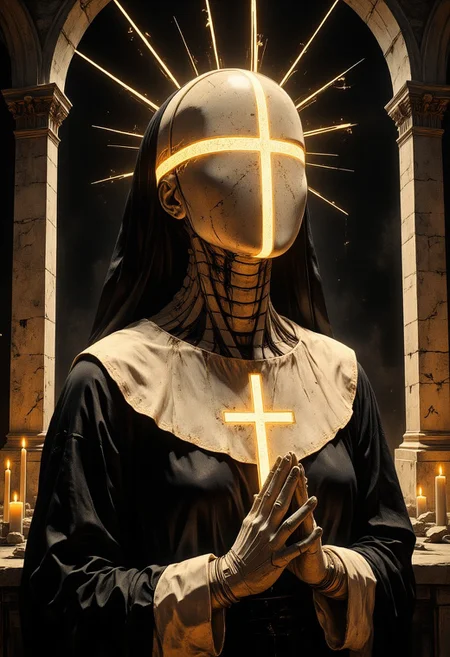 A close-up surreal portrait of a traditional Catholic nun, dressed in a black and white habit, standing solemnly in a dark, shadowy environment. Her body posture is perfectly still, her hands clasped in prayer before her, but her head is a hollow, featureless piece of carved wood, shaped into a smooth, rounded form without facial features. In the center of the wooden head, there is a prominent cross-shaped cutout, its edges smooth and precise, creating a clean geometric void where the face should be. From within the hollow head, a golden light glows softly, its rays streaming through the cross-shaped cutout, casting narrow beams of light into the darkness. The light is warm and ethereal, creating a holy, almost divine aura around her head, illuminating the inner wooden textures with a subtle golden glow as she looks slightly upwards and to the right. The rays of light extend outward in delicate, narrow lines, piercing through the darkness and illuminating tiny dust particles floating in the air, giving the scene a dreamlike, mystical atmosphere. The wooden head is smooth and polished, reflecting the golden light faintly along its curved surface. The cross-shaped cutout is the only break in the perfect wooden form, drawing the viewer’s focus to the emptiness within. The background is dark and minimalistic, with the faint outlines of ancient stone arches, reminiscent of a Gothic cathedral, barely visible in the shadows. The distant silhouettes of candles flicker dimly.