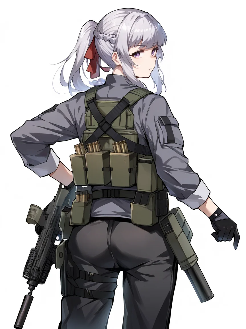 score_9, score_8_up, score_7_up, score_6_up, score_5_up,  <lora:tacticalclothesXLP:1> 1girl, tactical clothes, solo, long hair, gloves, ass, braid, pants, black gloves, looking at viewer, white background, black pants, purple eyes, grey hair, pouch, bangs, weapon, french braid, gun, simple background, ammunition pouch, ponytail, looking back, long sleeves, kalashnikov rifle, ribbon, rifle, assault rifle, jacket, from behind