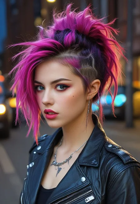 midshot,bellissima, 1girl, punk girl, extreme hairstyle, black leather jacket, punk magazine style, multiple piercings, highly contrasted, very sexy, makeup, lipstick, neon lights, digital painting, urban setting, vibrant colors, rebellious atmosphere, high detail, edgy look, street fashion, intense expression, (masterpiece: 2), best quality, ultra highres, original, extremely detailed, perfect lighting