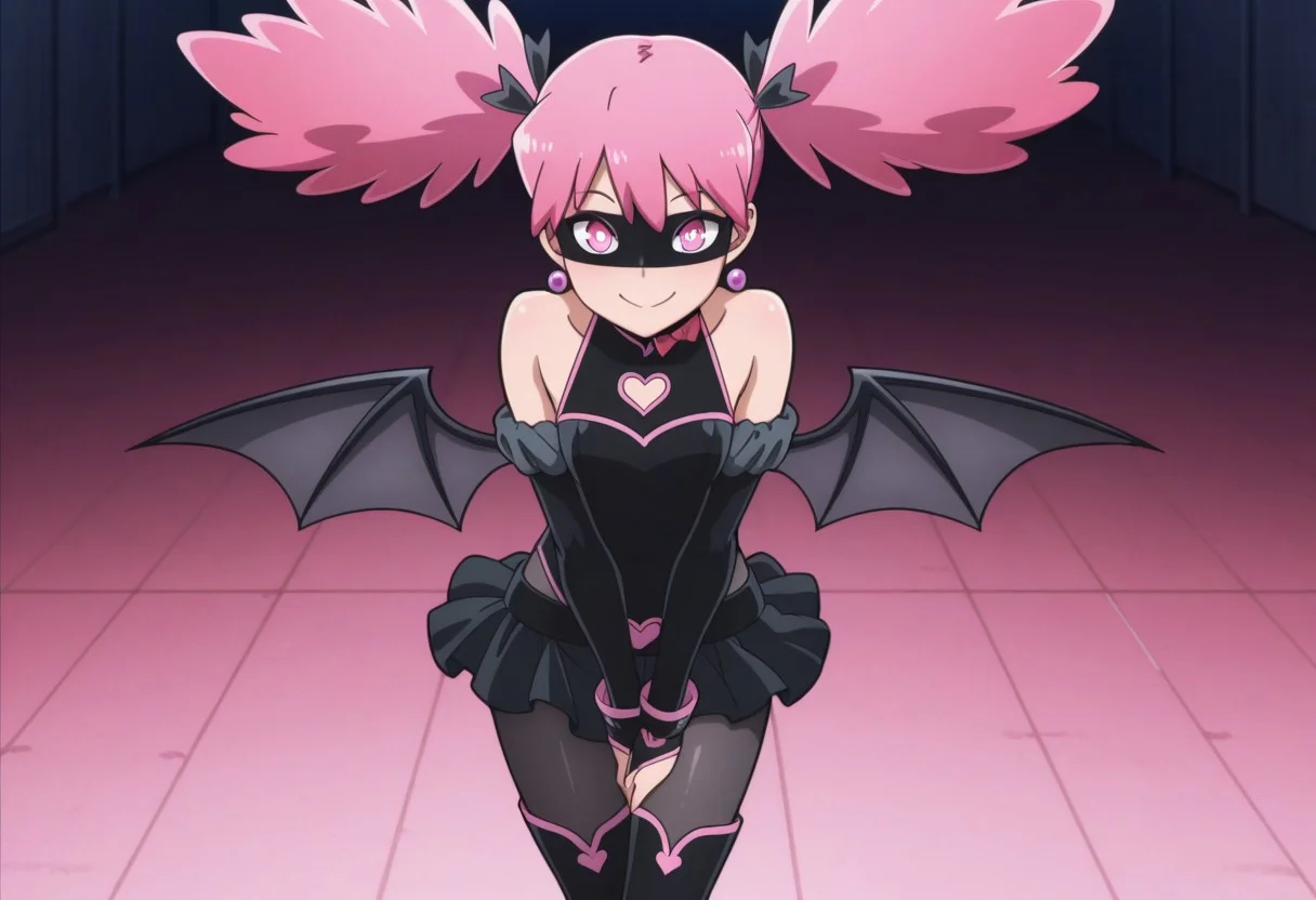 Masterpiece , best quality , amazing quality , anime screencap , a girl ,popstep
pink eyes , pink hair , black leotard, black skirt , pantyhose , bat wings , heart , twintails , mask , thigh boots, dynamic pose, smile