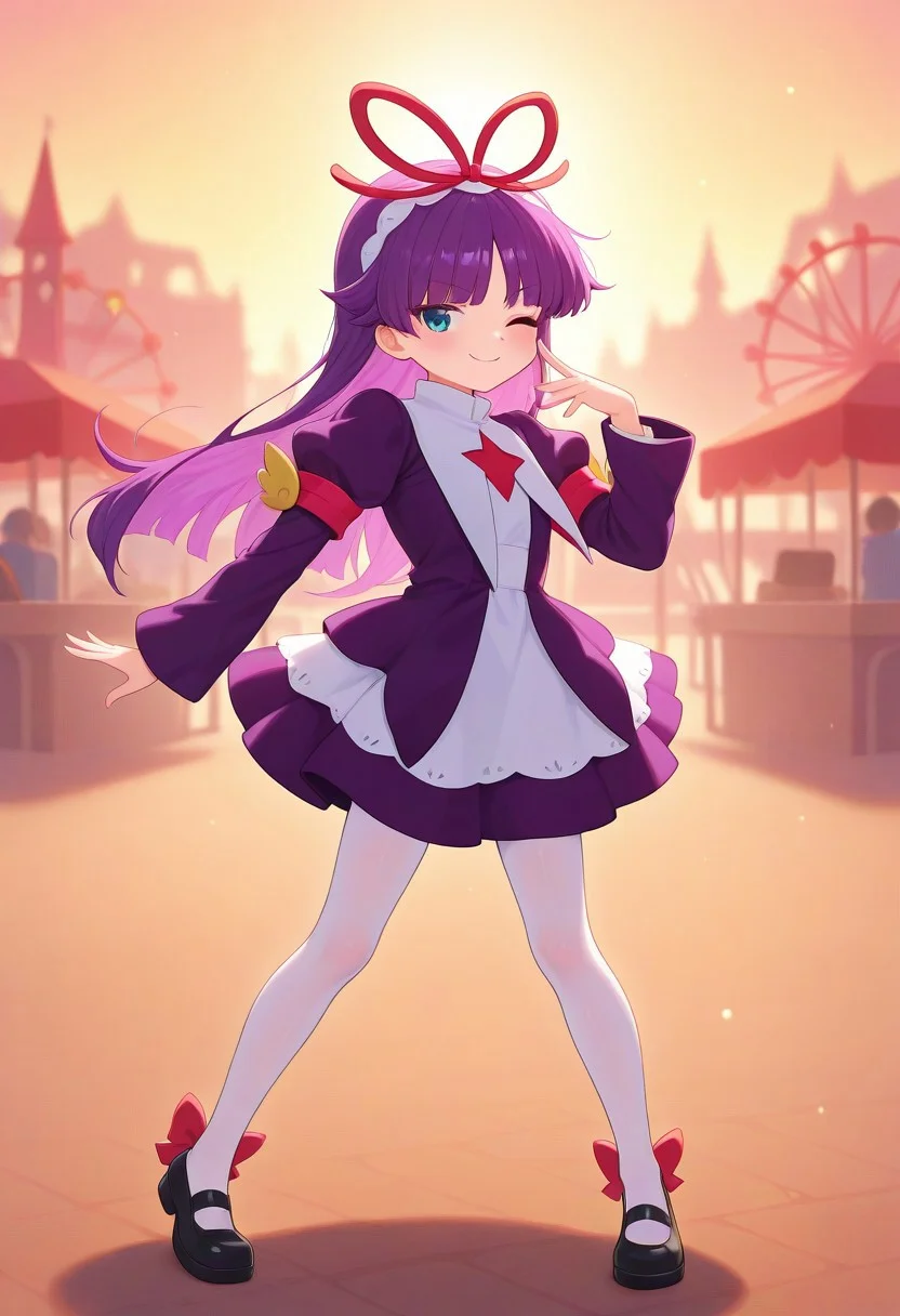 <lora:PFeli_SDXL_Illustrious01_fp16_ver01:1>,PFeli, 1girl, long hair,purple hair, white pantyhose, dress,red ribbon, blue eyes, black footwear, long sleeves, red bow, hairband, cute pose, smile, wink, standing, amusement park, look at viewer, lovely, cute, adorable, newest, masterpiece, best quality, very aesthetic, absurdres,<lora:detailed_hands:1>,hand